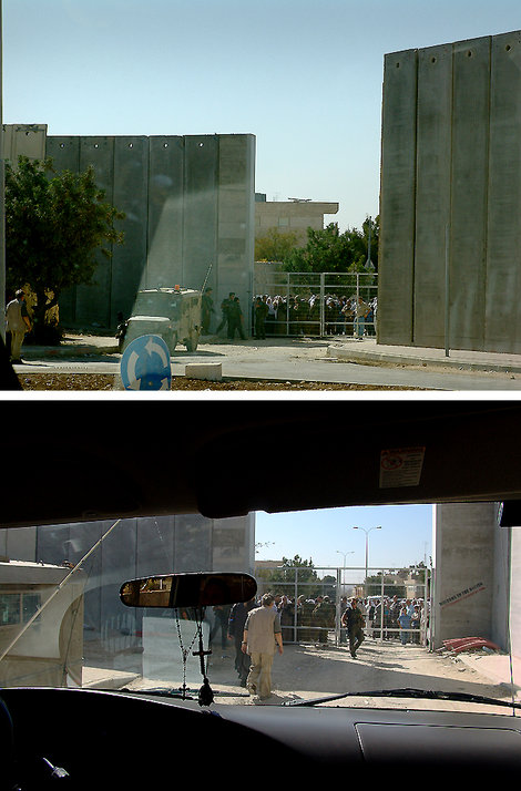  Здесь мы вынуждены протискиваться между охраной и толпой арабов, пытающейся прорваться на молитву, и двумя высокими уродливо-бетонными 8-ми метровыми стенами, которые защищают евреев от палестинских снайперов